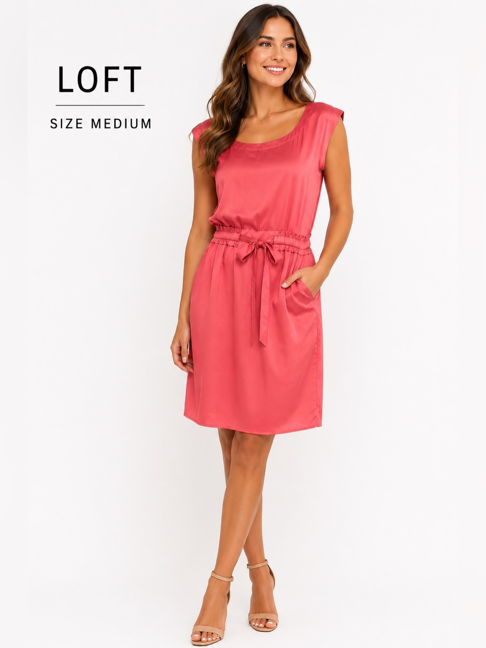 LOFT Coral Pink Tie Waist Knee Length Dress Stretch Waist Cap Sleeve Medium